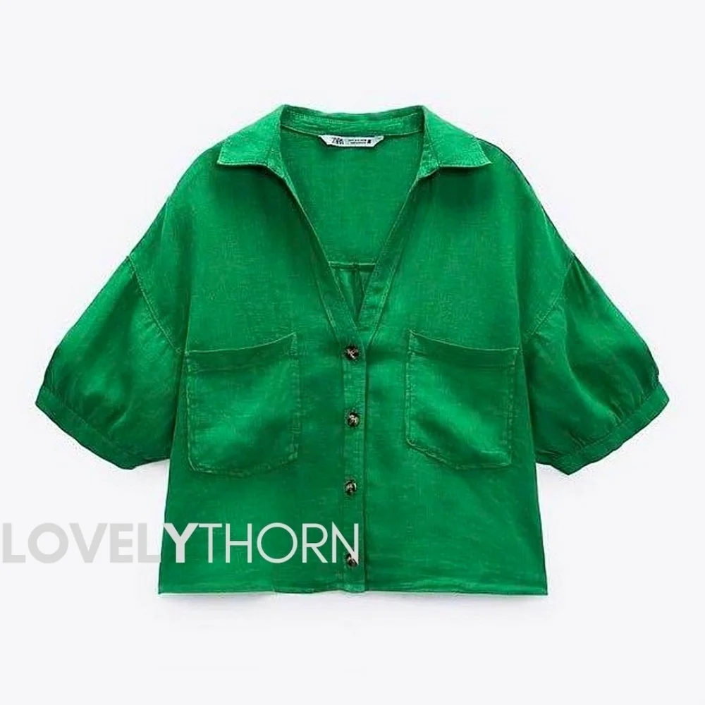 ZARA // kelly green chest pockets button down linen relaxed fit blouse - Picture 4 of 7